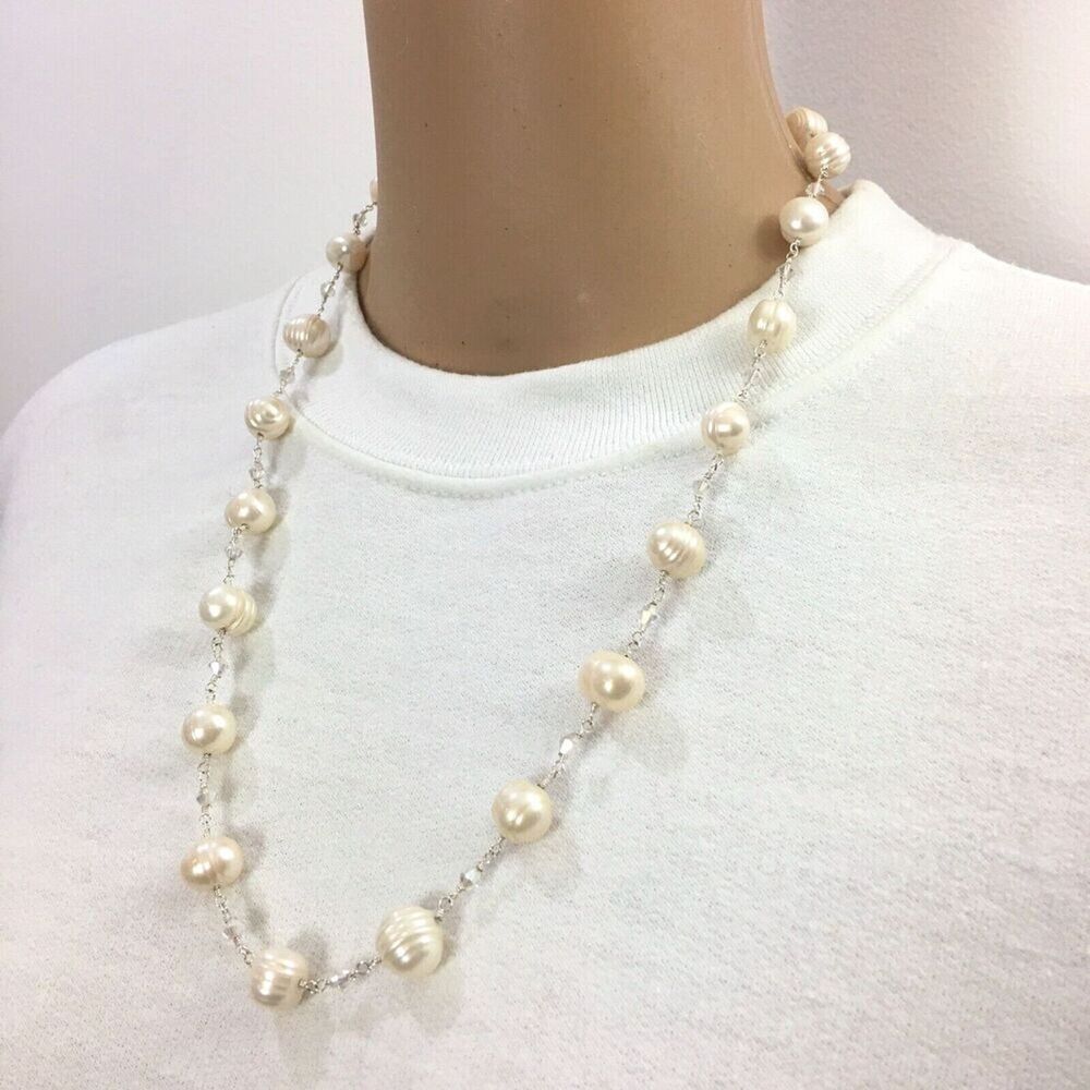 Baroque Pearl Necklace White Pearls AB Glass Beads Silver Tone Rosary Link 23in